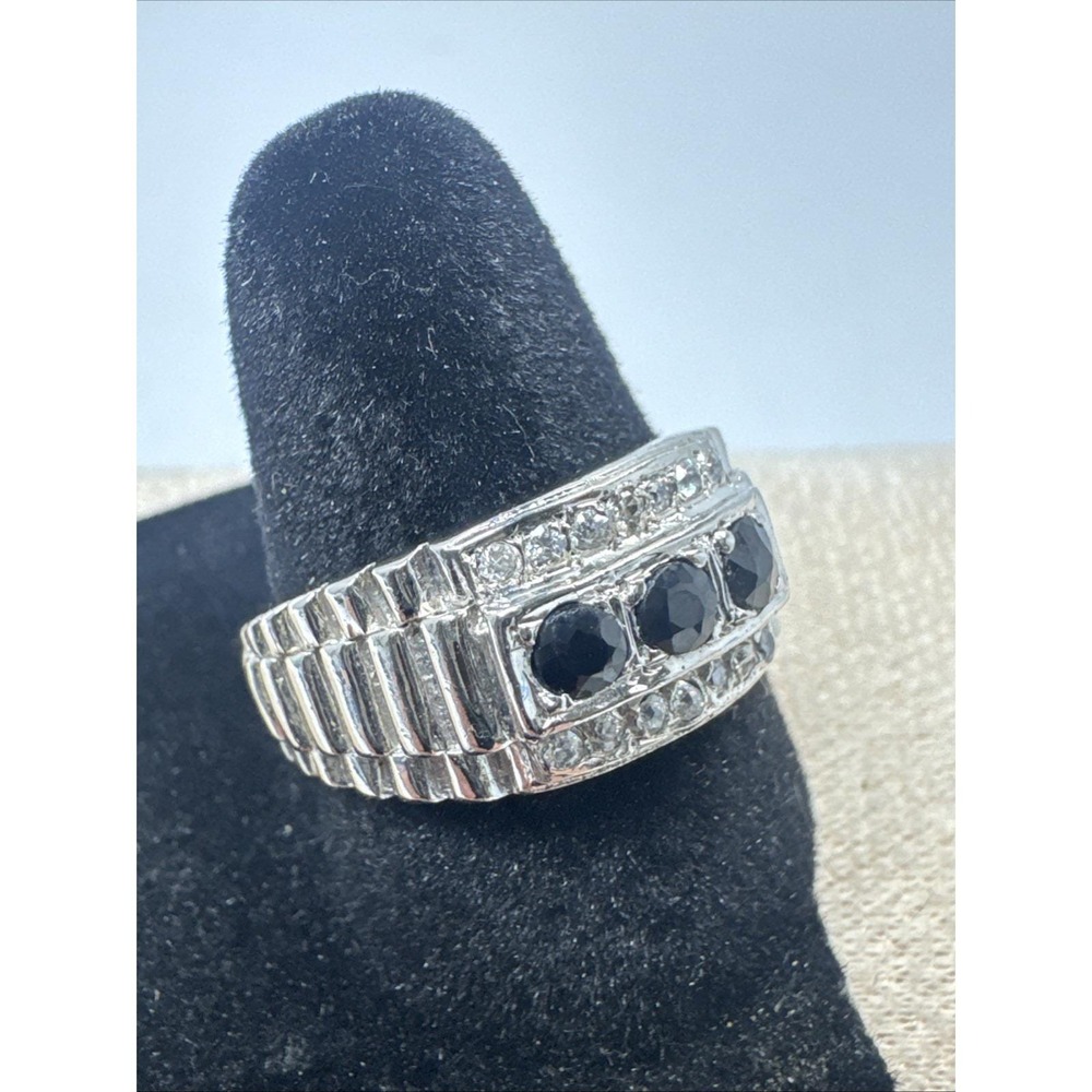 Vintage 925 Sterling Silver Sapphire CZ Mens Band Ring Size 8 Art Deco